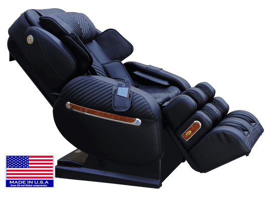 Luraco iRobotics 9 Max (i9 Max) Massage Chair - Reclined Side View with American Flag (Black)