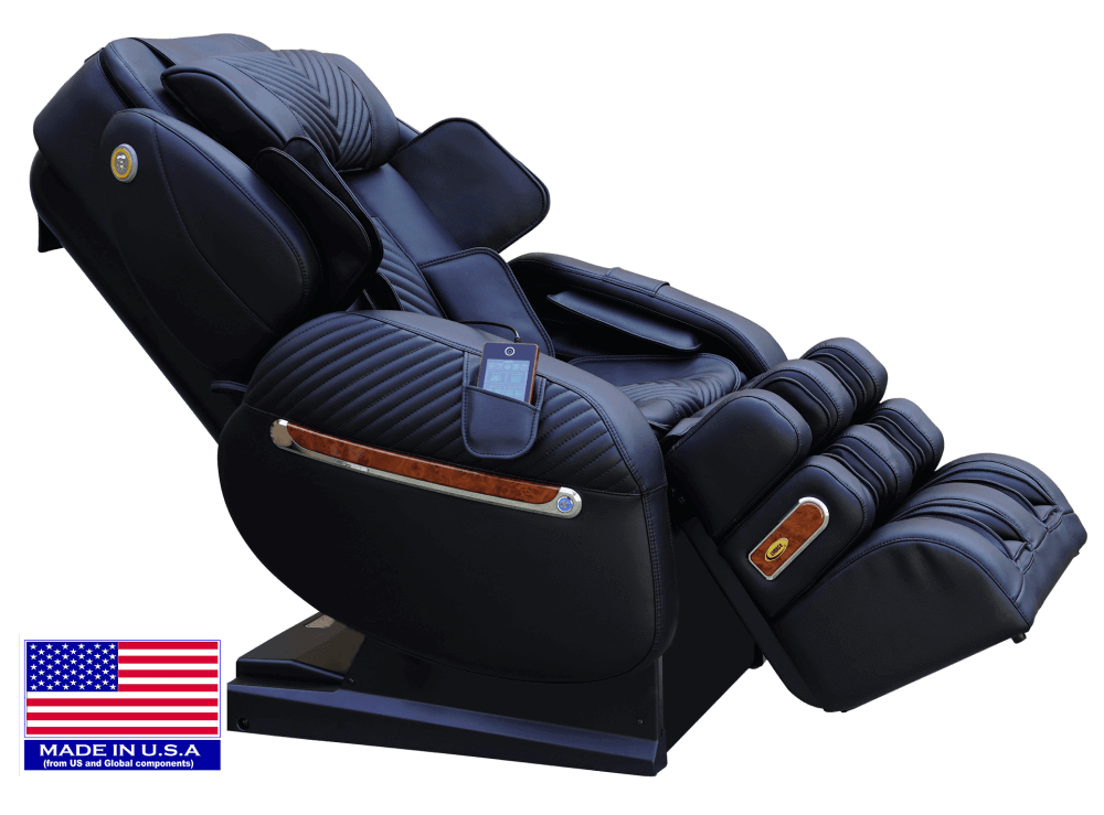 Luraco iRobotics 9 Max Billionaire Edition (i9 Max BE) Massage Chair - Reclined Side View with American Flag (Black)