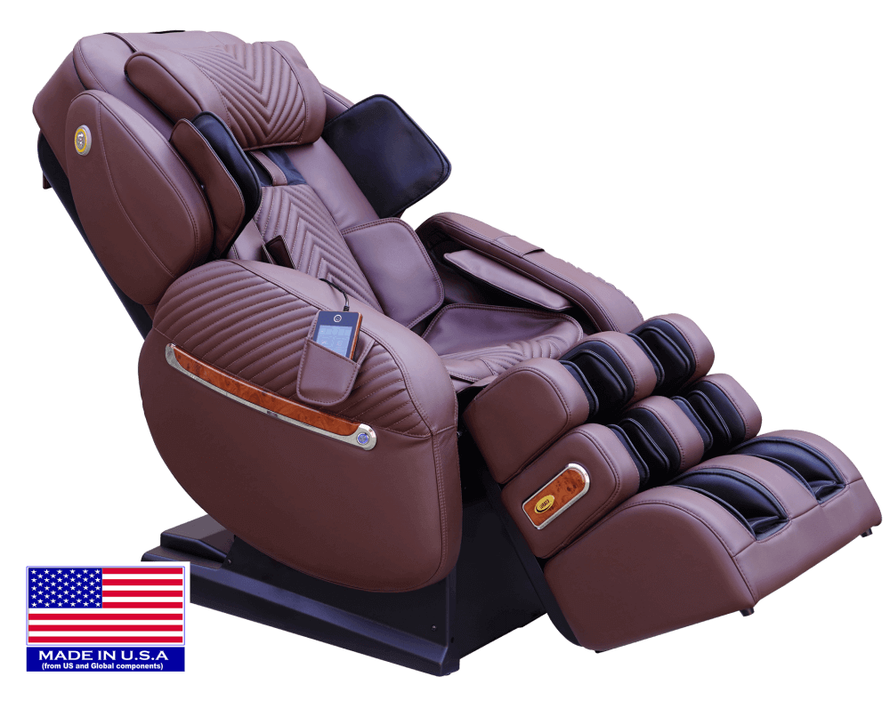 Luraco iRobotics 9 Max Billionaire Edition (i9 Max BE) Massage Chair - Reclined Side View with American Flag (Chocolate Brown)