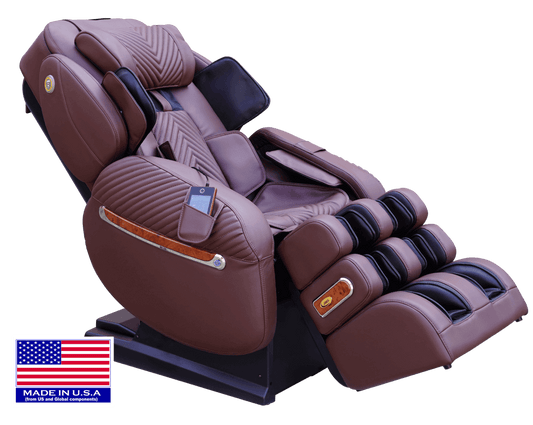 Luraco iRobotics 9 Max Billionaire Edition (i9 Max BE) Massage Chair - Reclined Side View with American Flag (Chocolate Brown)