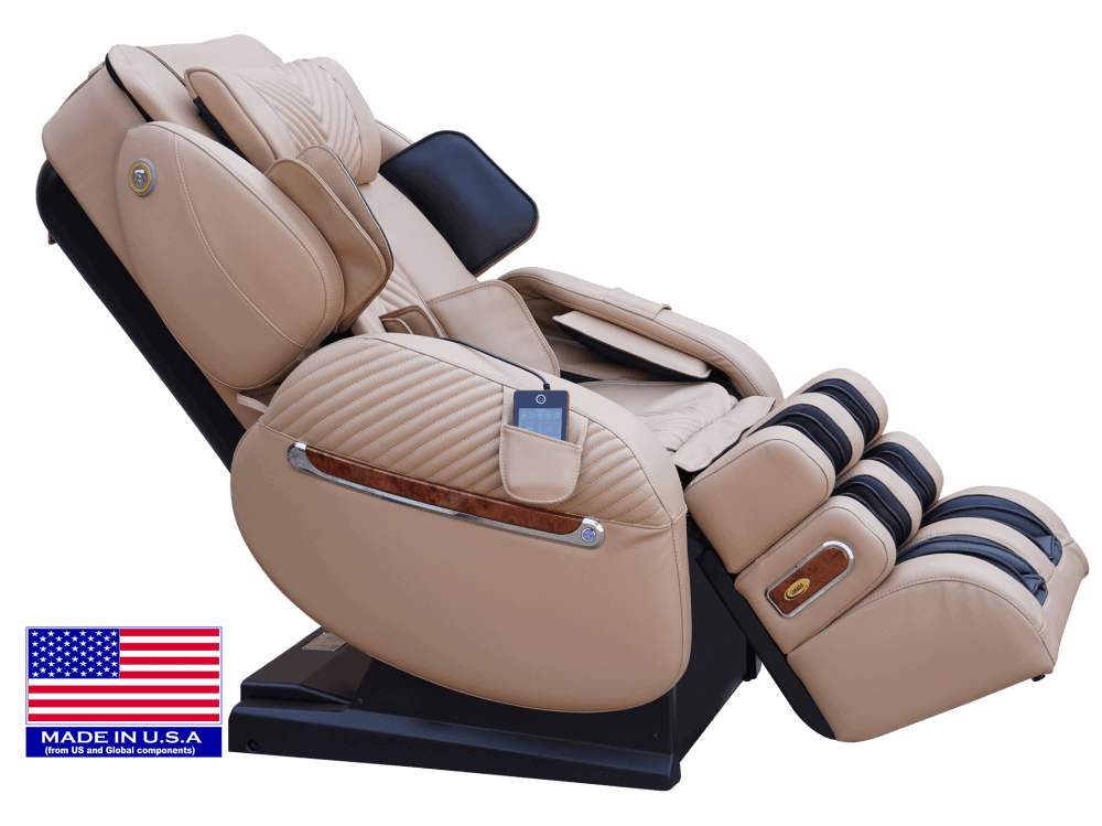 Luraco iRobotics 9 Max Special Edition (i9 Max SE) Massage Chair - Reclined Side View with American Flag (Cream)