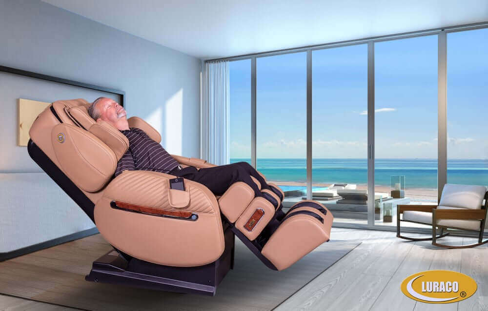 Luraco iRobotics 9 Max (i9 Max) Massage Chair - Reclined Side View with Man Relaxing at Home