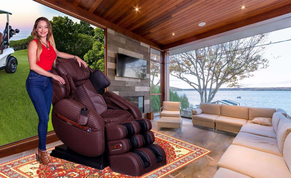 Luraco iRobotics 9 Max Special Edition (i9 Max SE) Massage Chair - Side View with Woman in Living Room (Chocolate Brown)